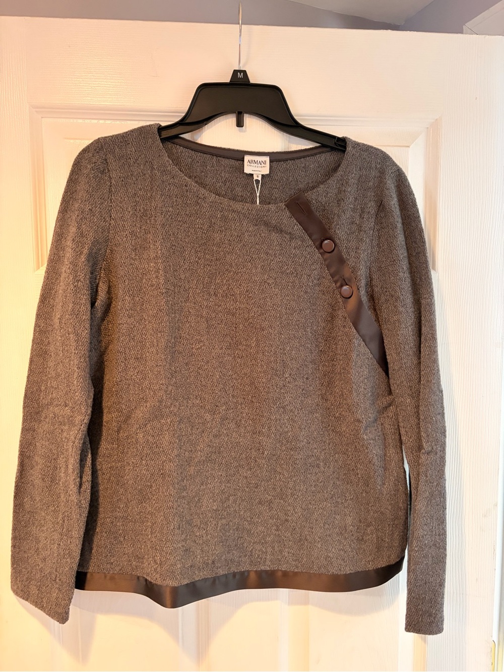 Armani Collezioni Gray Crewneck Sweater with Brown Leather Trim